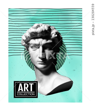 Art poster abstract. Ancient sculpture. Doodle geometric shapes. Antique David bust exhibition. Contemporary collage. Halftone print statue. Curve line flat forms. Vector creative minimalistic banner 130284559