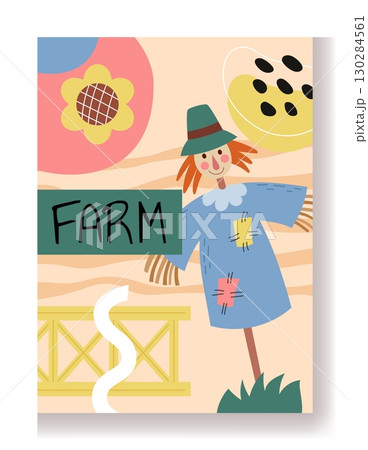 Art abstract poster. Agriculture field scarecrow. Happy farmer. Garden plant cultivation. Doodle shape collage. Flat simple farmland. Farm fence. Village banner design. Vector gardening card design 130284561