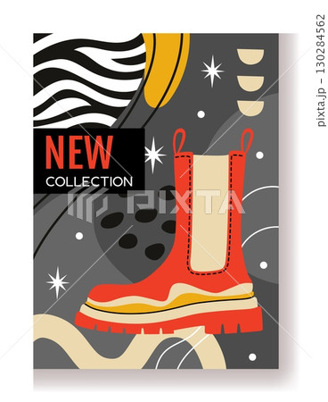 Art abstract poster. Shoe shop discount. Footwear shopping. Trendy leather boot sale. Geometric doodle flat shape. Offer marketing. Zebra striped form. Foot wear stylish purchase. Vector store banner 130284562