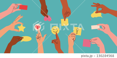 Hands holding feedback symbols. Heart emoji cards. Communication media elements. Icons like, review. Empty blank paper notes. Character emotion. Banner design. Vector cartoon isolated illustration 130284568