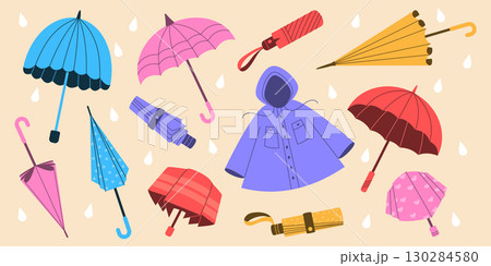 Umbrella for rain. Autumn accessories. Shelter from wet weather. Raincoat with hood. Open and folded brolly. Seasonal clothing. Rainy water drops. Doodle icons set. Vector fall garish illustration 130284580