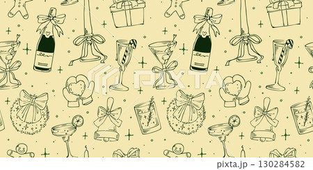 Christmas pattern seamless. Xmas champagne chalk sketch. Birthday party with prosecco. Vintage background in crayon. Retro background. Textile, wrapping, wallpaper. Print for fabric. Vector decoration Christmas pattern seamless. Xmas champagne chalk sketch. Birthday party with prosecco. Vintage background in crayon. Retro background. Textile, wrapping, wallpaper. Print for fabric. Vector decoration 130284582