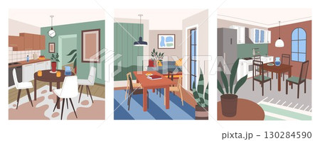 Room for dinner. Interior of kitchen with dining table. Design house. Space for breakfast and lunch. Cute furniture. Cozy decor. Curtain at window. Houseplant and sofa. Vector tidy apartment areas set Room for dinner. Interior of kitchen with dining table. Design house. Space for breakfast and lunch. Cute furniture. Cozy decor. Curtain at window. Houseplant and sofa. Vector tidy apartment areas set 130284590