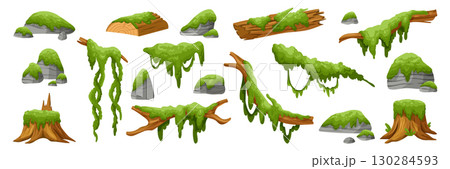 Green moss. Forest tree branch. Texture for game asset. Cartoon tropical lichen, exotic hanging liana. Grass, oak moss for background. Swamp plant. Vector icon garish nature isolated landscape set Green moss. Forest tree branch. Texture for game asset. Cartoon tropical lichen, exotic hanging liana. Grass, oak moss for background. Swamp plant. Vector icon garish nature isolated landscape set 130284593