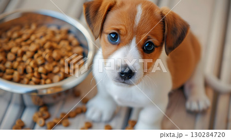 A small cute Jack Russell puppy near a bowl of food. AI Generated 130284720