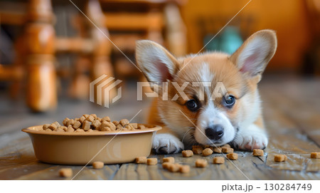 A small cute corgi puppy near a bowl of food. AI Generated A small cute corgi puppy near a bowl of food. AI Generated 130284749