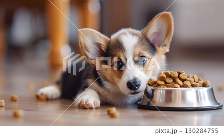 A small cute corgi puppy near a bowl of food. AI Generated 130284755