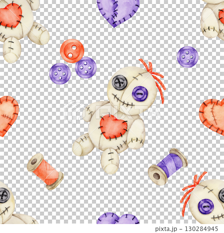 Beige stitched doll with button eyes, red stitched heart, purple buttons and sewing spools in watercolor clipart, hand drawn seamless pattern for Halloween fabric, wrapping paper, stationery, and Beige stitched doll with button eyes, red stitched heart, purple buttons and sewing spools in watercolor clipart, hand drawn seamless pattern for Halloween fabric, wrapping paper, stationery, and 130284945