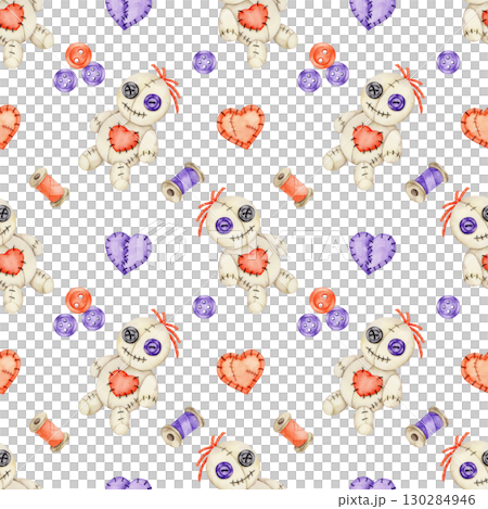 Beige stitched voodoo doll with red heart patch, purple buttons, sewing spools and felt hearts in watercolor clipart, hand drawn seamless pattern for Halloween fabric, wrapping paper, and crafts. 130284946