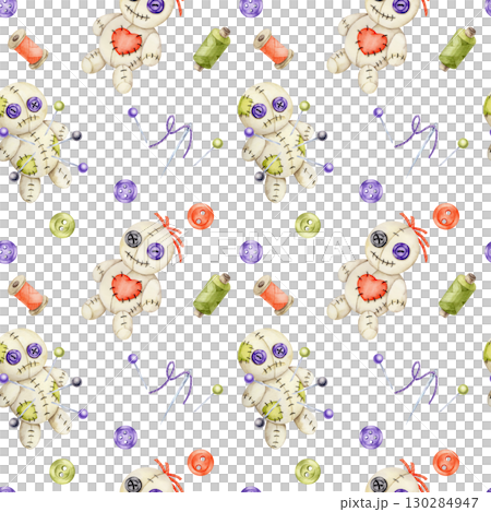 Voodoo doll with purple button eyes, sewing spools, thread and needles in watercolor clipart, hand drawn seamless pattern for Halloween fabric, packaging, party decor, wrapping paper and textile 130284947