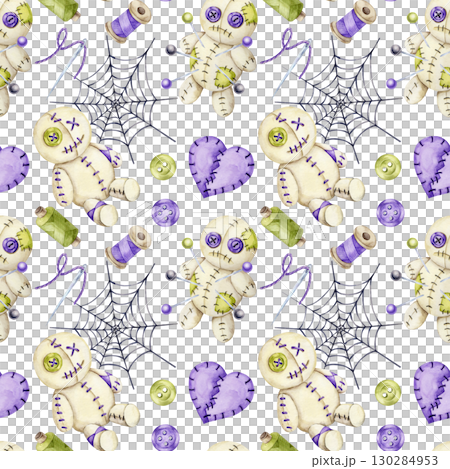 Beige voodoo dolls with green buttons, purple felt hearts and spider webs in watercolor clipart, hand drawn seamless pattern for Halloween fabric, digital backgrounds, textile prints and craft designs 130284953