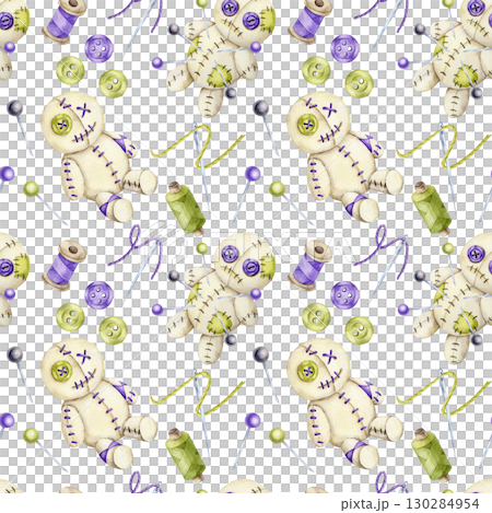 Stitched voodoo dolls, sewing needles, purple buttons and thread in watercolor clipart, hand drawn seamless pattern for Halloween party decor, fabric design, invitations and digital scrapbooking. 130284954