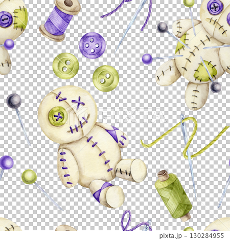 Beige voodoo doll, green buttons, purple thread, sewing needles in watercolor clipart, hand drawn seamless pattern for Halloween fabric, digital paper, scrapbooking, gift wrap and textile design. 130284955