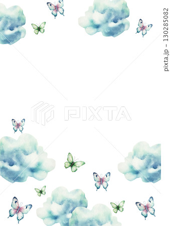 Postcard with beautiful colorful butterflies. Watercolor hand drawn logo, template, insect clipart isolated on background. Botanical and wedding illustration. Baby shower design elements. Party Postcard with beautiful colorful butterflies. Watercolor hand drawn logo, template, insect clipart isolated on background. Botanical and wedding illustration. Baby shower design elements. Party 130285082