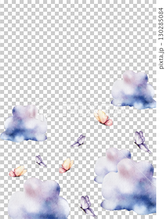 Postcard with beautiful colorful butterflies. Watercolor hand drawn logo, template, insect clipart isolated on background. Botanical and wedding illustration. Baby shower design elements. Party 130285084