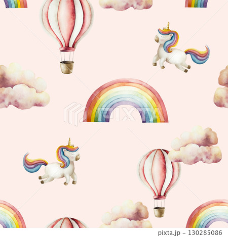 Air Balloons with basket and Summer air clouds, unicorn, rainbow seamless pattern. Watercolor hand drawn nursery clipart isolated on background. Cute illustration. Baby shower design elements. Party 130285086