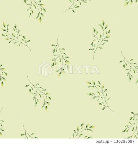 Green simple spring branch with leaves seamless pattern. Watercolor twig. Hand drawn wildflower illustration isolated on background, transparent png. Botanical and wedding illustration. Baby shower 130285087