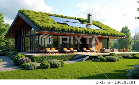 Modern sustainable house with green roof and solar panels in a serene landscape during daylight Modern sustainable house with green roof and solar panels in a serene landscape during daylight 130285191