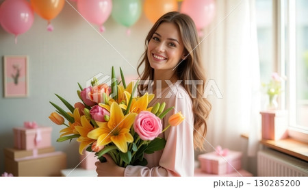 Woman smiles joyfully while holding a bouquet of pink and yellow flowers amidst colorful balloons and gift boxes during a celebration gathering Woman smiles joyfully while holding a bouquet of pink and yellow flowers amidst colorful balloons and gift boxes during a celebration gathering 130285200