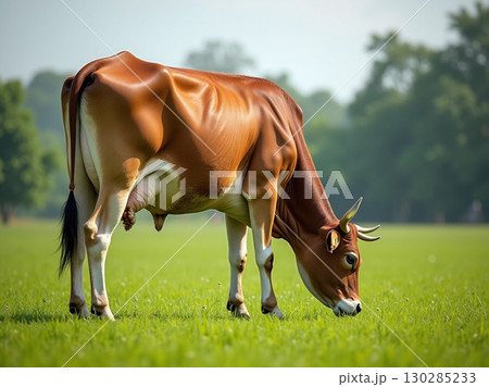 Detailed Brown Cow Grazing Fresh Green Grass in Pasture Landscape Detailed Brown Cow Grazing Fresh Green Grass in Pasture Landscape 130285233