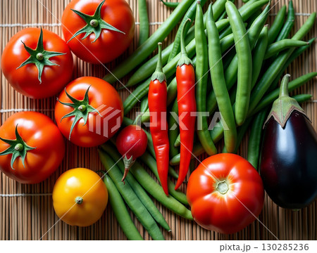 Bright Still Life Food Arrangement of Fresh Vegetables and Spices 130285236