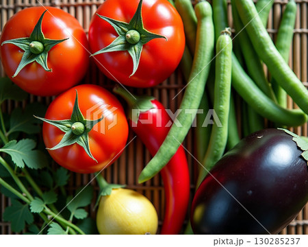 Close Up Fresh Detail Vegetables Arrangement on Wooden Wicker Tray 130285237
