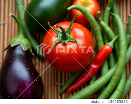 Fresh Still Life Close up of Tomato, Chili, Eggplant and Beans 130285238