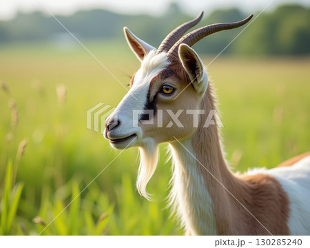 Portrait Close-up Majestic Goat with Curved Horns Grazing in Field 130285240