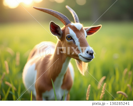 Beautiful Close-up Portrait of Domestic Farm Goat in Lush Meadow 130285241
