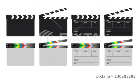 Opened movie film clap board isolated on white background. Clapper board vector set 130285298