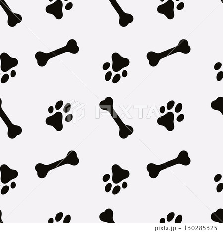 Dog Paw Seamless pattern. Dog footprint and bone repeating pattern. Black and white pattern with dog tracks and bone 130285325