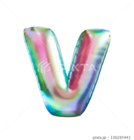 Tricolor gradient holographic metal font Letter V 3D 130285441