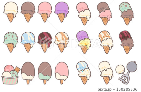 かわいいアイスクリームのイラストセット かわいいアイスクリームのイラストセット 130285536