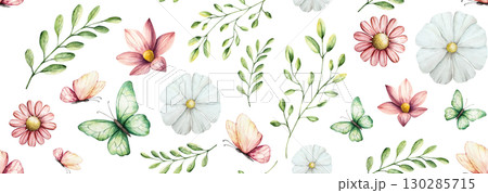 Seamless frame, border with beautiful colorful butterflies, spring flowers. Watercolor gerbera, chamomile, echinacea hand drawn logo, template, insect clipart isolated on background. Botanical and 130285715