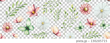 Seamless frame, border with beautiful colorful butterflies, spring flowers. Watercolor gerbera, chamomile, echinacea hand drawn logo, template, insect clipart isolated on background. Botanical and 130285715