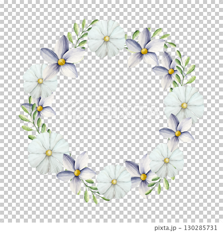 Spring flowers and branches with leaves, butterfly wreath, frame. Watercolor logo with gerbera, chamomile, echinacea. Hand drawn wildflower art isolated on background, transparent png. Botanical 130285731