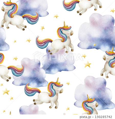 Unicorn seamless pattern. Watercolor hand drawn rainbow magical animal, clipart isolated on background, cartoon horse transparent png illustration. Baby shower greeting cards or childish birthday 130285742