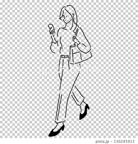 スマホを見ながら歩く女性のイラスト（通勤・移動・ビジネス・ライフスタイル） 130285913