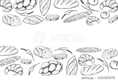 Vector frame, template with bakery. Graphic ink, loaf food, ear of wheat, whole grain, slice of bread, ciabatta, baguette. Bun illustration isolated on background. Hand drawn line sketch. For 130285970