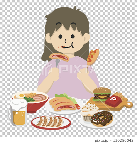 Illustration of a woman binge eating 130286042