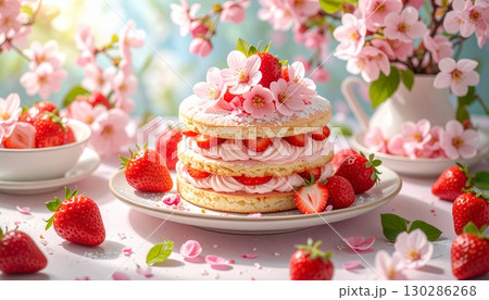 お花見デザート：桜の花びらで飾られた可愛らしいケーキ 130286268