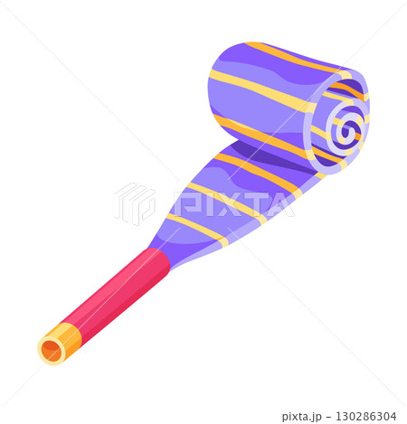 Party blower or noise maker icon. Rolled sound, celebration concept. Flat design of party horn sticker. Vector cartoon illustration Party blower or noise maker icon. Rolled sound, celebration concept. Flat design of party horn sticker. Vector cartoon illustration 130286304