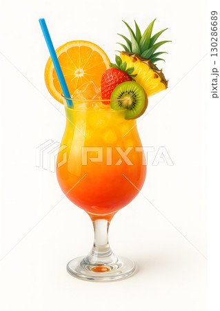 トロピカルカクテルとカラフルなフルーツの白背景イメージ 130286689