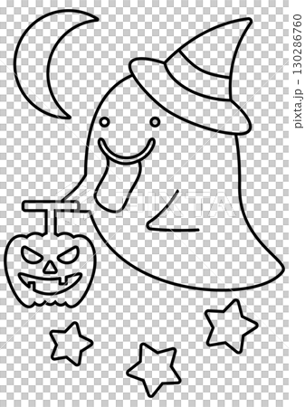 Cute Halloween ghost holding a pumpkin lantern - coloring illustration 130286760