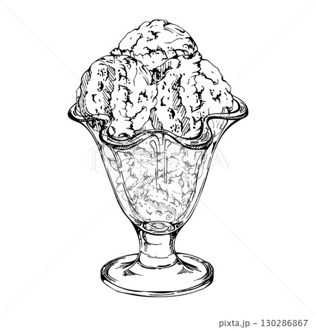 Ice cream sorbet gelato scoop served in glass sundae bowl, frozen yoghurt. Vector graphic illustration hand drawn in pen and ink, detailed line sketch. Dessert branding, cafe menu, sweet recipe sheet 130286867