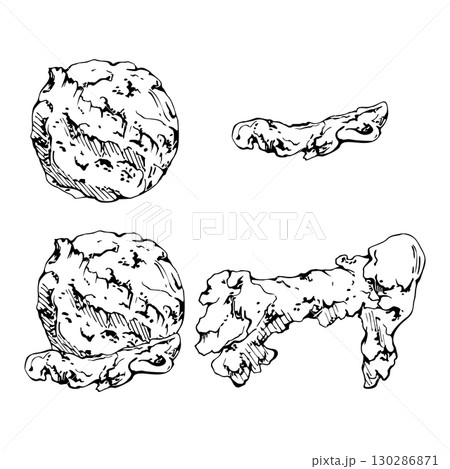 Scoops of gelato ice cream, rounded ball and abstract melting shape with realistic texture hand drawn in ink. Vector graphic line illustration. Dessert decor, cosmetic foam branding, sweet cafe art 130286871