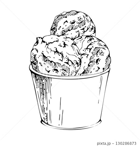 Gelato or sorbet ice cream scoops in reusable plastic or paper cup. Vector graphic illustration hand drawn in pen and ink, detailed line sketch. Street food vendor, vegan cafe branding, recipe book 130286873