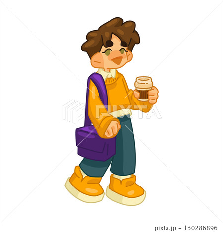 Cartoon Autumn Boy With Coffee 130286896