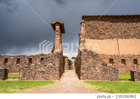 Ancient Ruins of Raqchi in the Peruvian Highlands Under Clouds 130286962