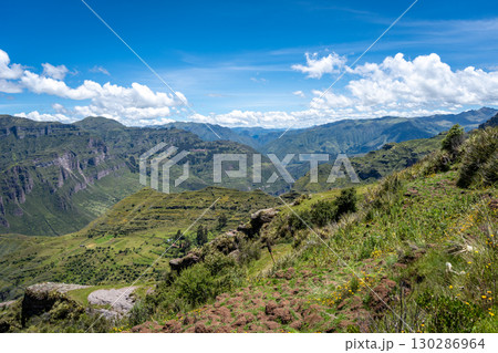 Rugged Rock Formations in the Andean Mountains at Waqrapukara, Peru 130286964